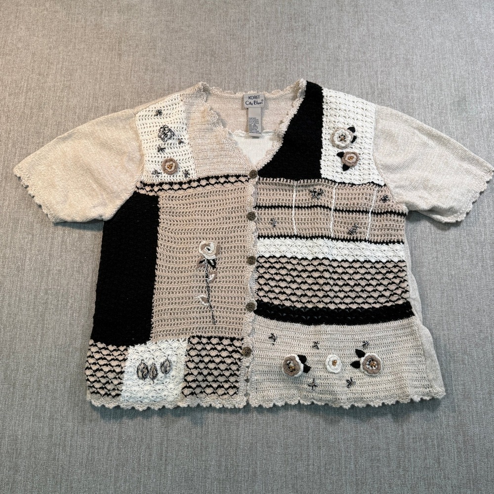 Koret City Blues Crochet Patchwork Floral Cardigan Sweater Beige Black XL